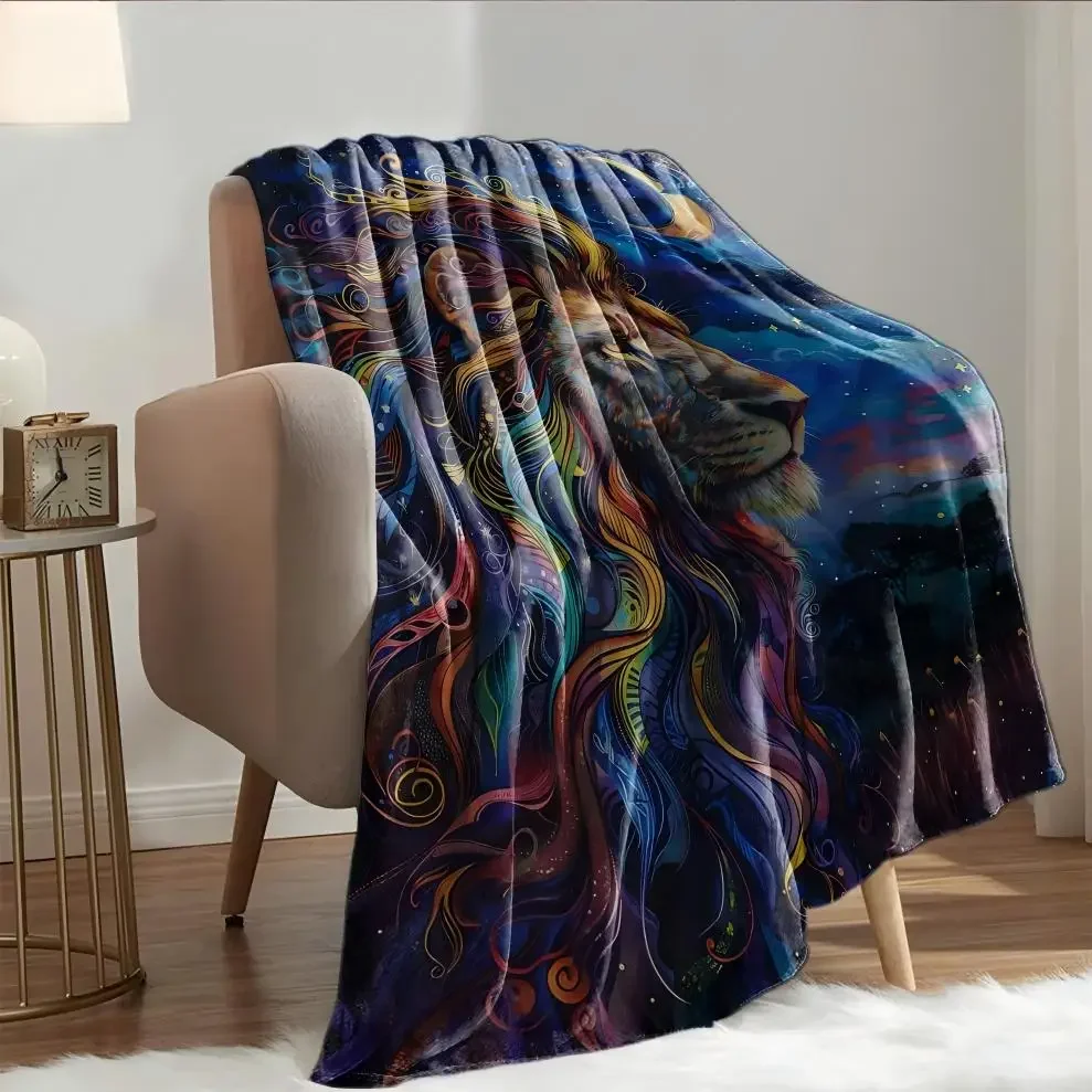 Vibrant Watercolor Lion Head Throw Blanket Bohemian Galaxy Night Sky Art Cozy Decor Gift