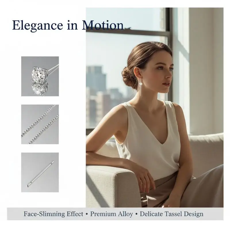 Sparkling Moissanite Threader Earrings 6mm Round Long Tassel Dangle Anti-Tarnish Jewelry for Women Holiday Gift