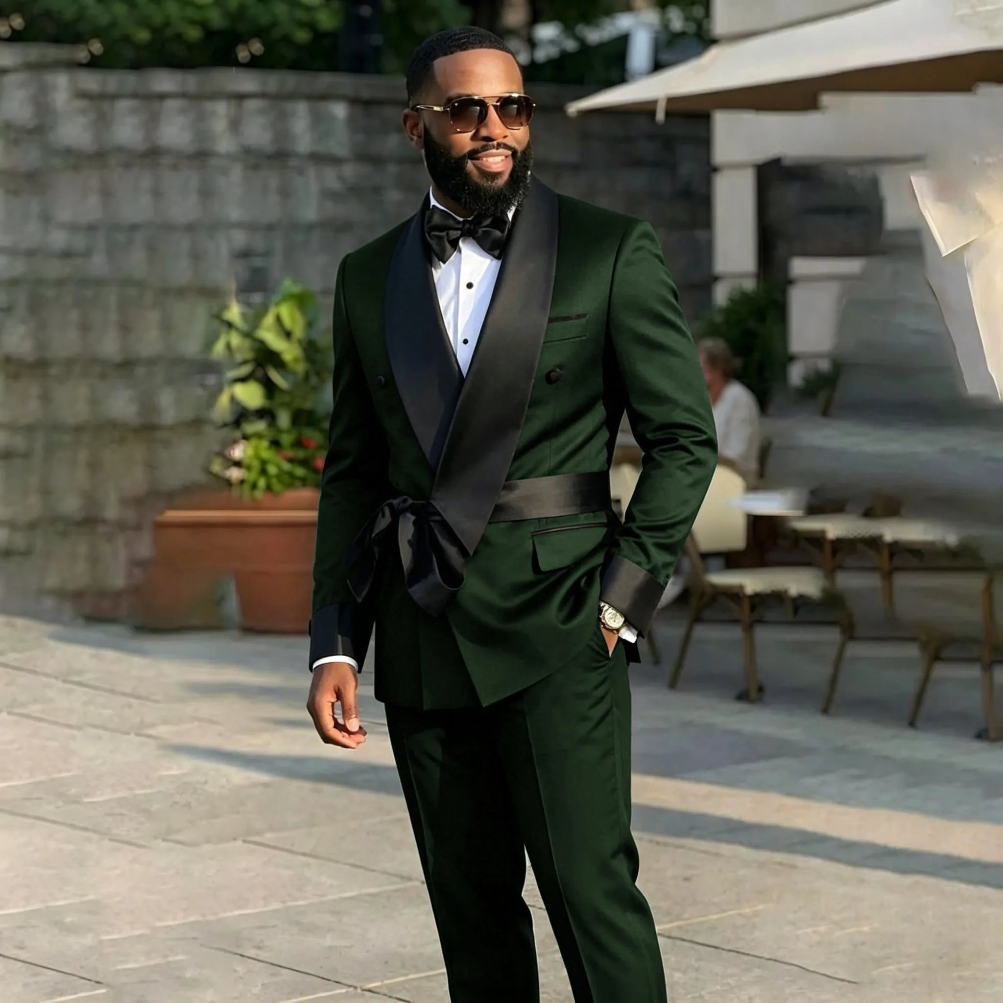 

Double Breasted Men Suit Dark Green High Quality Wedding Costume Male Party Prom Dress Jacket Pants Belt Groom Suits Sets