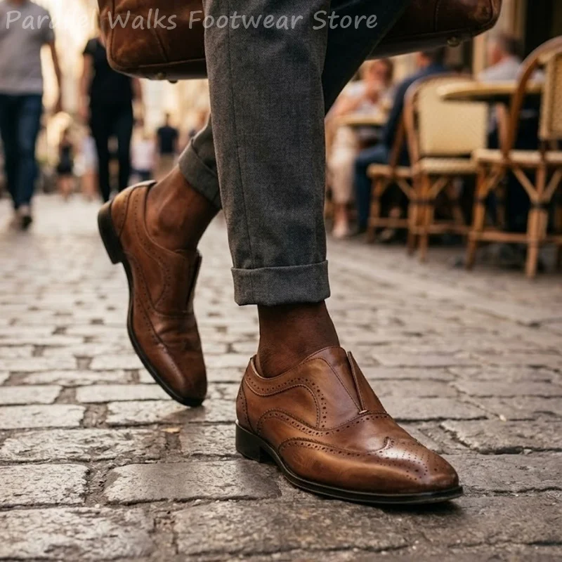 Mens Brown Leather Brogue Shoes Slip On Elastic Perforated Wingtip Formal Evening Party Dress Shoes Oxford Classic Loafers Shoes