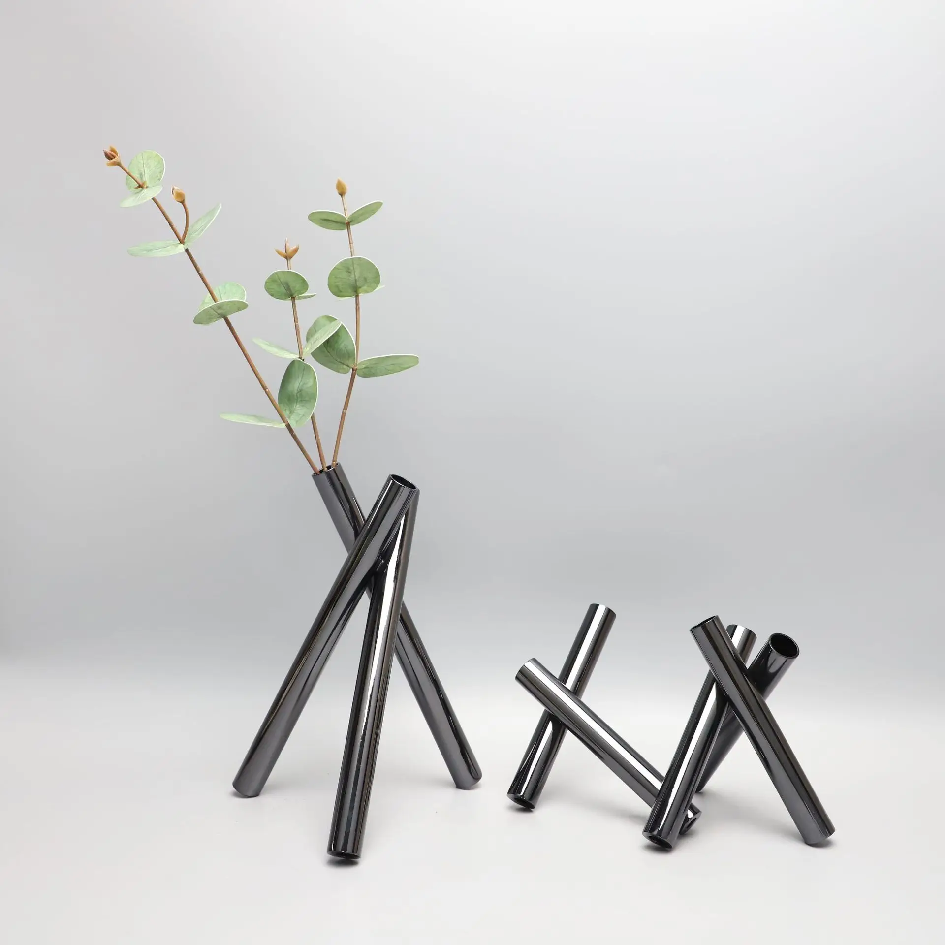 Modern stainless steel tube mirror flower ornament model room living room entrance creative tripod dried flower insert