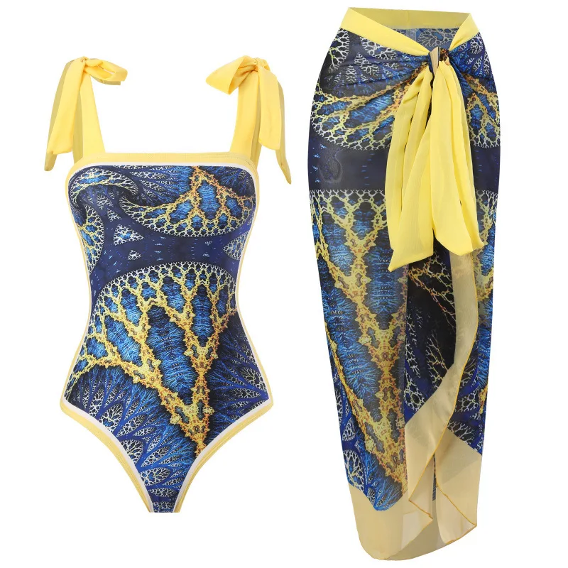 2026 Vintage Modest One Piece Swimsuit Women Chiffon Skirt Two Piece Set Sexy Swimwear Beach Vacation Bodysuit Skirt Swimsuit