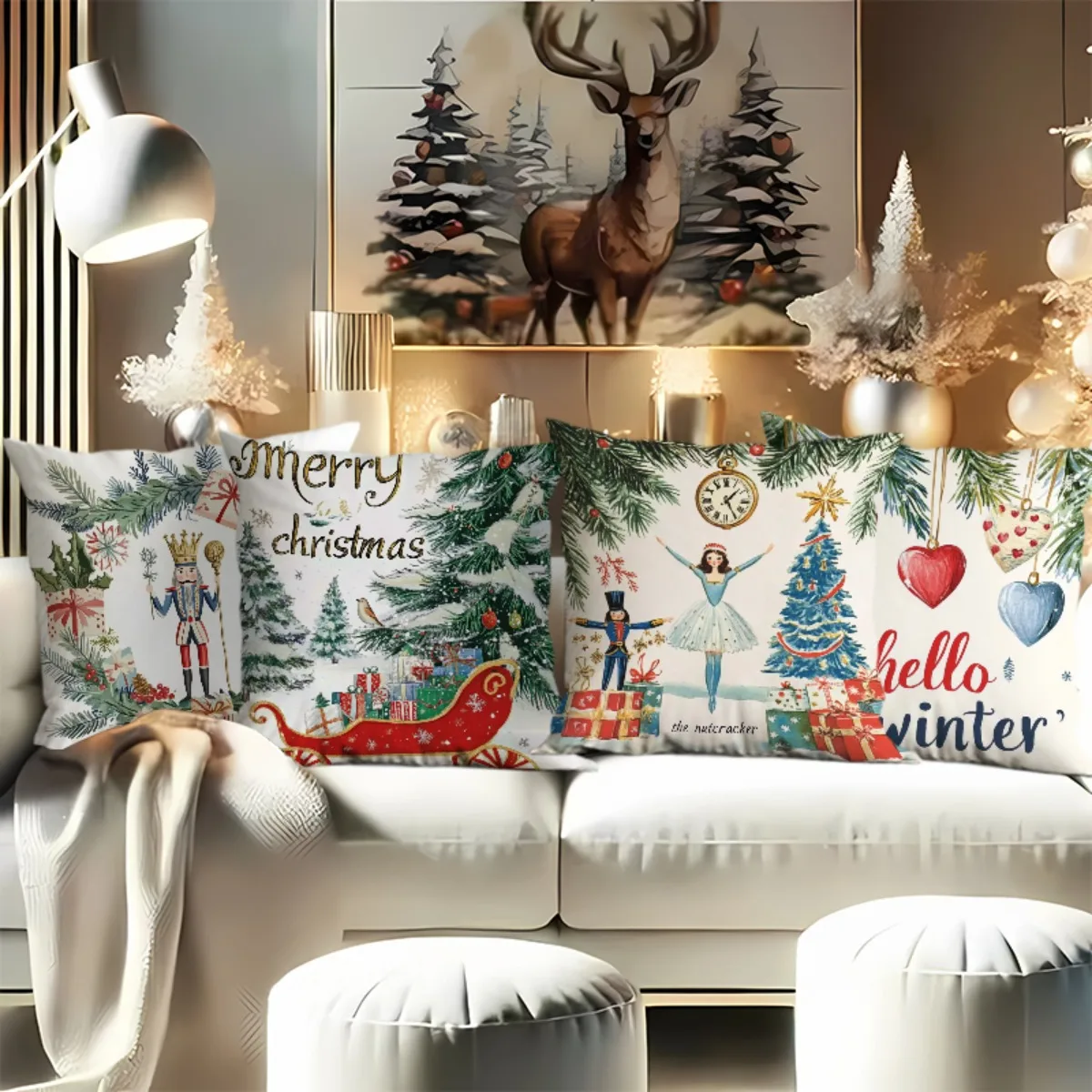 4pcs Festive Christmas Pillow Covers - 18x18 Inch, Soft Polyester, Zippered, Machine Washable, Elegant Holiday Decor