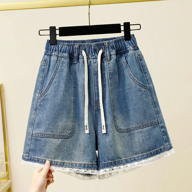 

Lace trim denim shorts summer new women Korean version elastic high waist slimming fashion versatile wide leg A-line pants