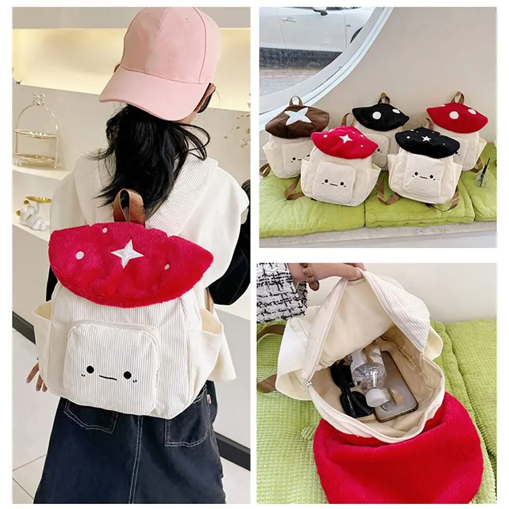Kawaii Corduroy Cartoon Mushoom Backpack Star Dot Large Capacity Schoolbag Black Red Coffee Flip Cover Shoulder Bag School Use