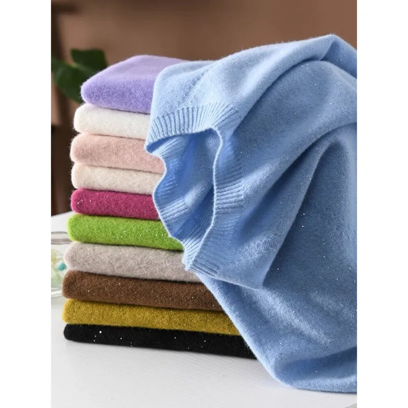 

Вязаный свитер из мериносовой шерсти с короткими рукавами и пайетками, весна-лето, женские бесшовные вязаные топы с круглым вырезом