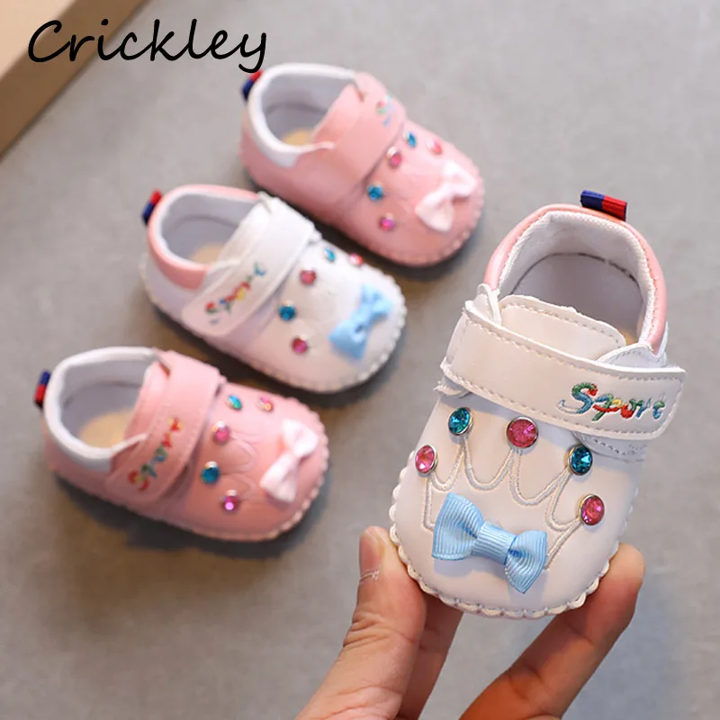 

Rhinestones Bow Children's Casual Shoes PU Hook Loop Infant Kids Sneakers Princess Soft Bottom Baby Girls Walk Shoes