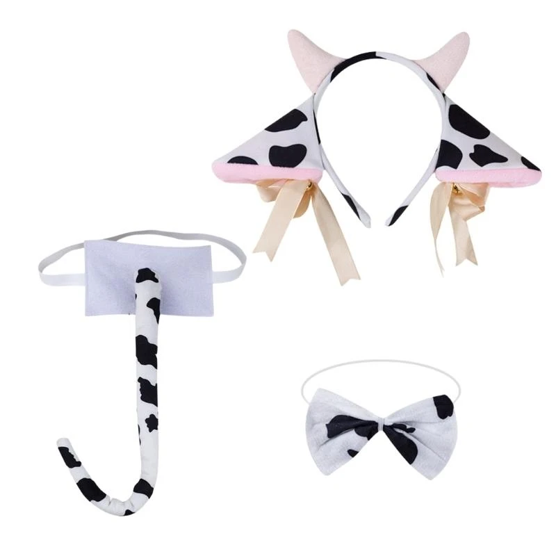 49MF Lovely Cow Hair Hoop Set Lovely Cow Costume Set Cow Headband Plush Tail Bowtie Mesh Skirt for Halloween Party