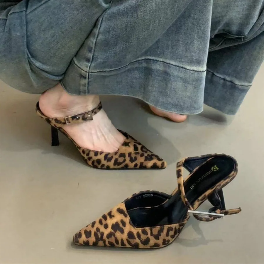 

Female Leopard Print High Heels Summer Temperament Pointed Sandals Women Slippers Buckle Comfort Party Shoes Zapatos Tacon