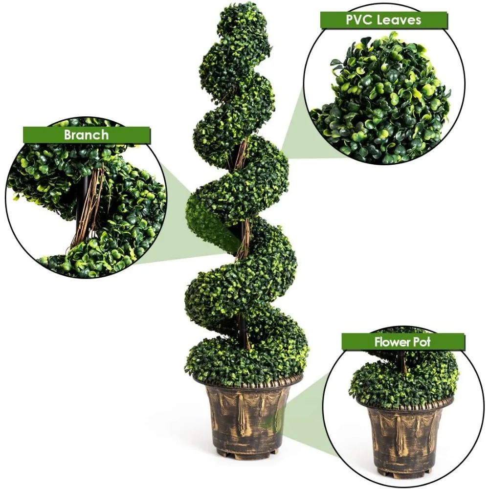 شجرة توبياري من خشب البقس الحلزوني الاصطناعي مع نباتات خضراء، وعاء بلاستيكي مملوء بالأسمنت، ديكور للمساحات الخارجية #6