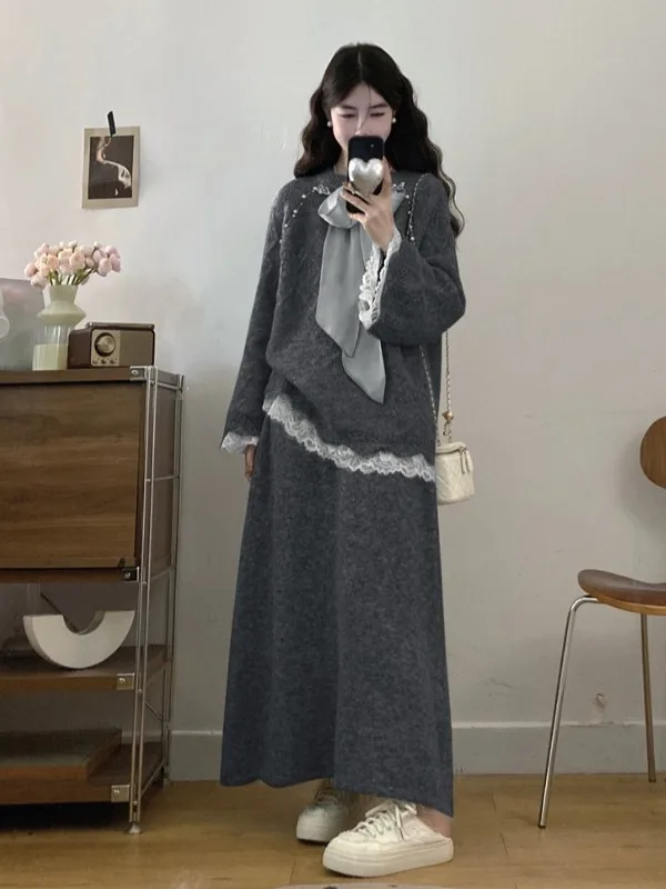 

Осенне-зимний женский комплект свитера большого размера с жемчужным украшением и галстуком-бабочкой, кружевной длинный свеч A-Li...