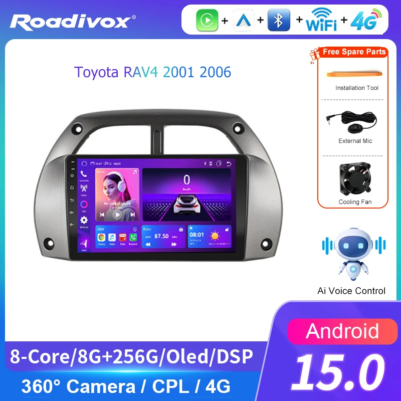 AI VOICE roadivox for Toyota RAV4 2001 2006 Android car radio GPS Navigation video AI Voice Control Multimedia Player tape