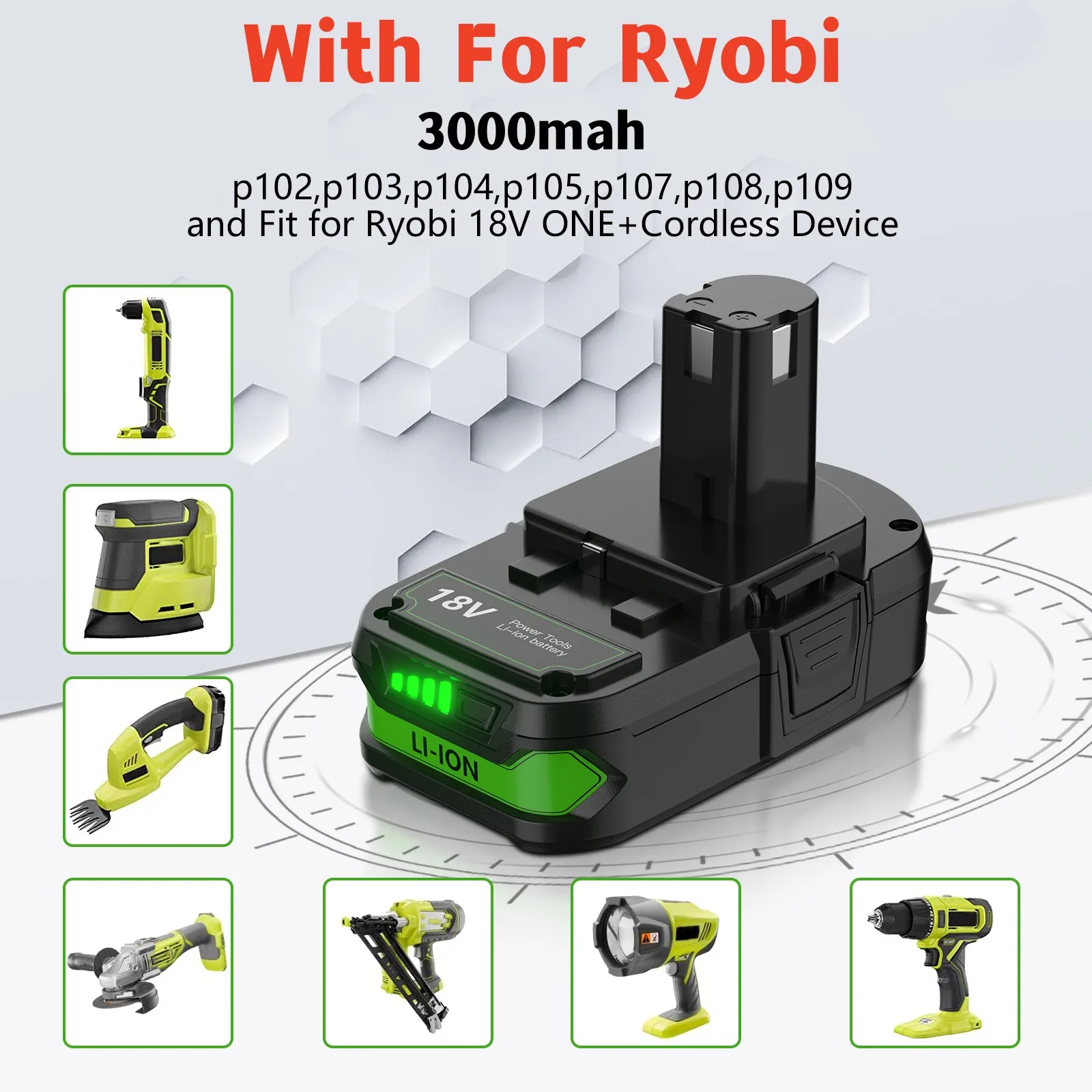 

For Ryobi P107 3000mAh 18V Replacement Battery P104 P105 P102 P103 P109 P108 P100 RB18L26 Cordless Li-ion Tool Battery