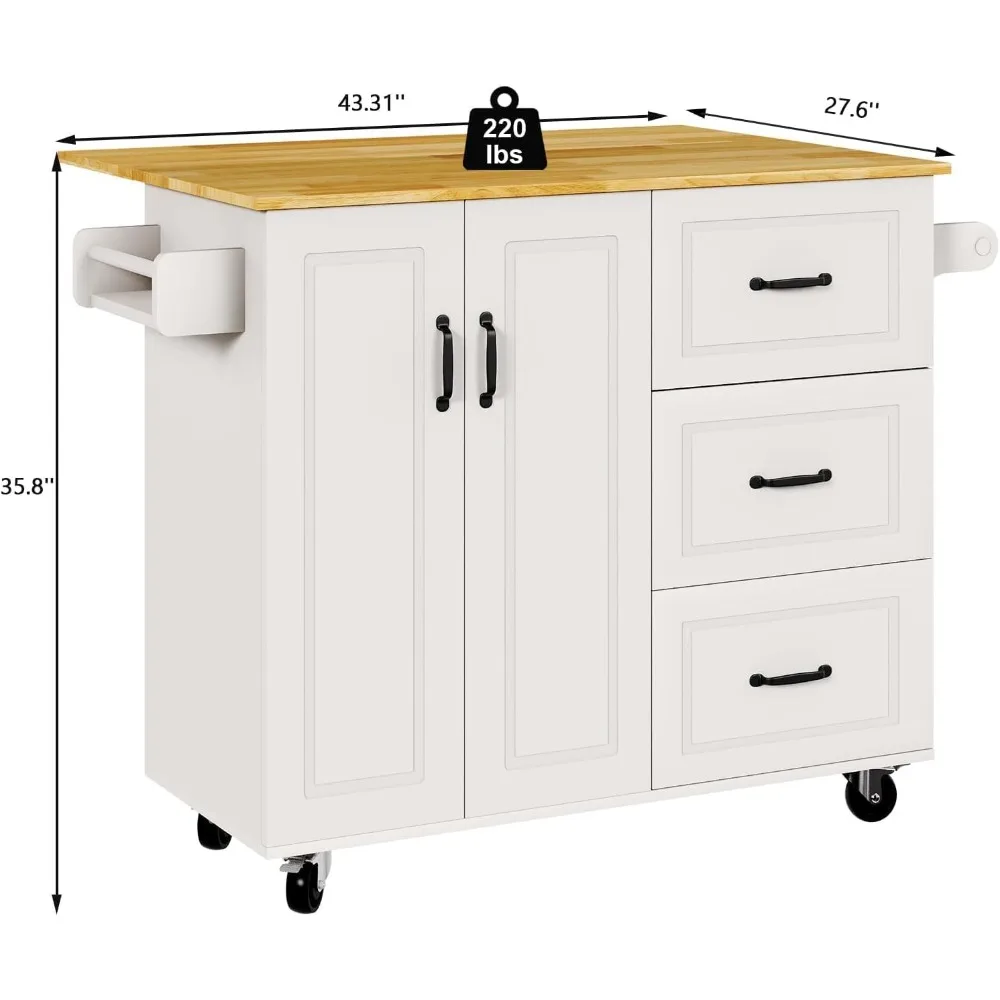 Rolling Kitchen Island with Storage,43" Kitchen Island Cart with Drop Leaf & Spice Rack & 3 Drawers,Portable Islands for Kitchen