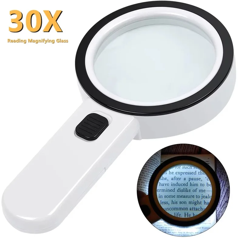 Handheld Reading Magnifier 30X Illuminated Magnifying Glass with 12 LED Lights for Seniors Coins Insect Inspection Jewelry Loupe