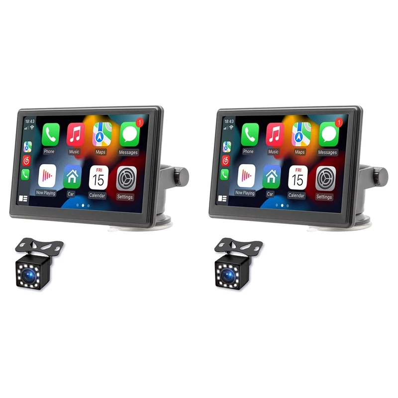 2X Portable Wireless Carplay Screen Dash Mount, 7 Inch Touch Screen Car Stereo Bluetooth, FM Car Radio, Rear Camera, USB