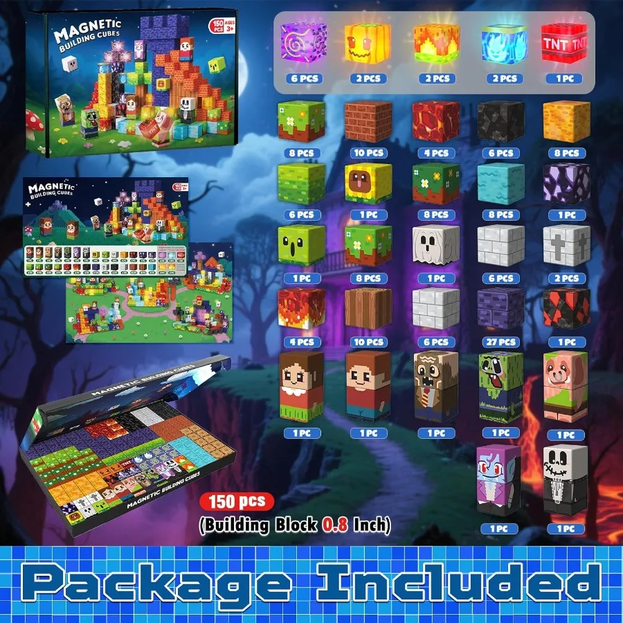 Bloques magnéticos con características de luz para construcción creativa y juguetes educativos de aprendizaje STEM para mayores de 3 años, 150 Uds.