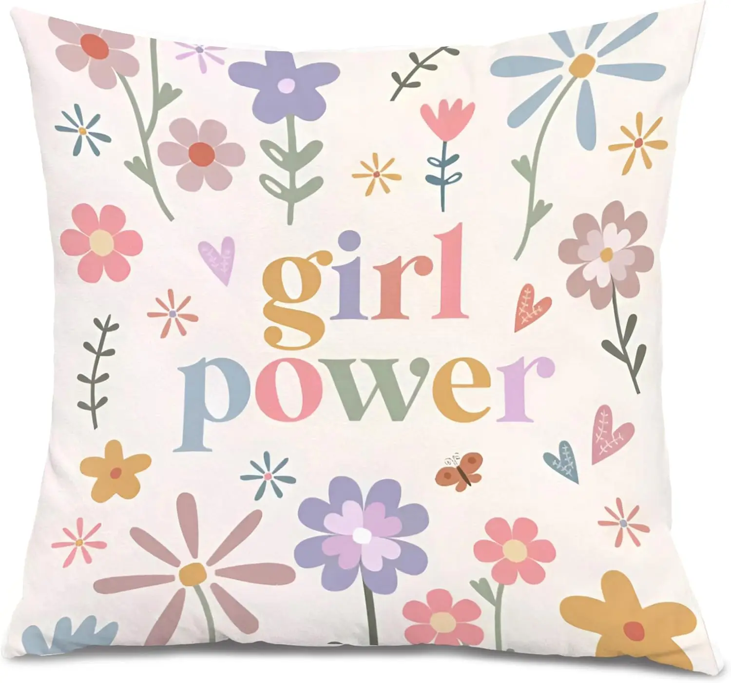 Girl Power Boho Floral Throw Pillow Covers, 18x18, Boho Girls Room Decor, Female Empowerment Gifts, Machine Washable, Pink, Flor
