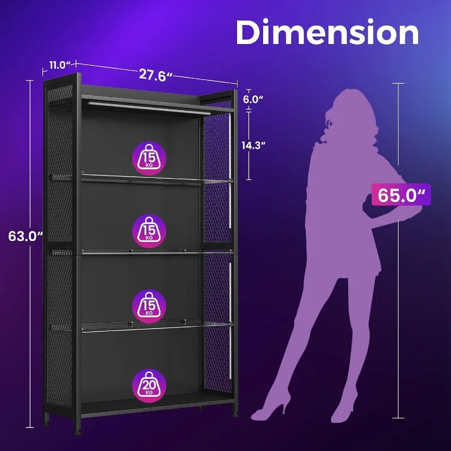 4-Tier Display Case with Tempered Glass Shelves RGB LED Lights for Home/Office, Black Finish, Adjustable Shelving and Soft-Clos view 2