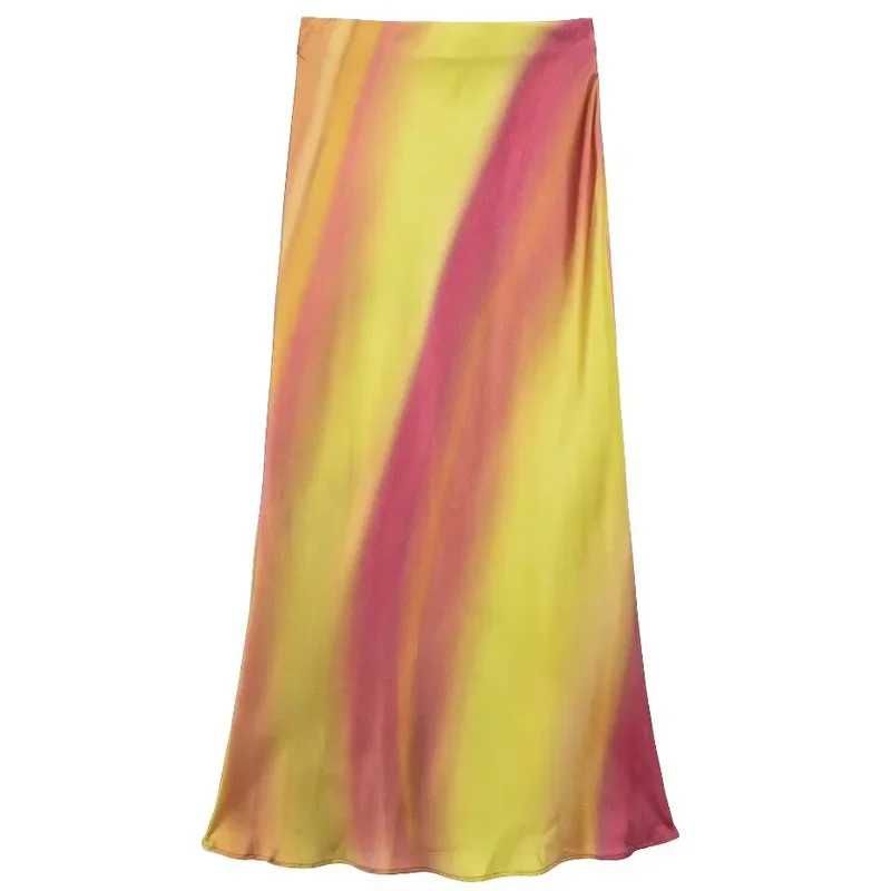 TRAF-Saia Longa para Tie Dye Feminina, Saias de Cetim, Linha A, Estampada, Luxo, Elegante, Verão, 2024