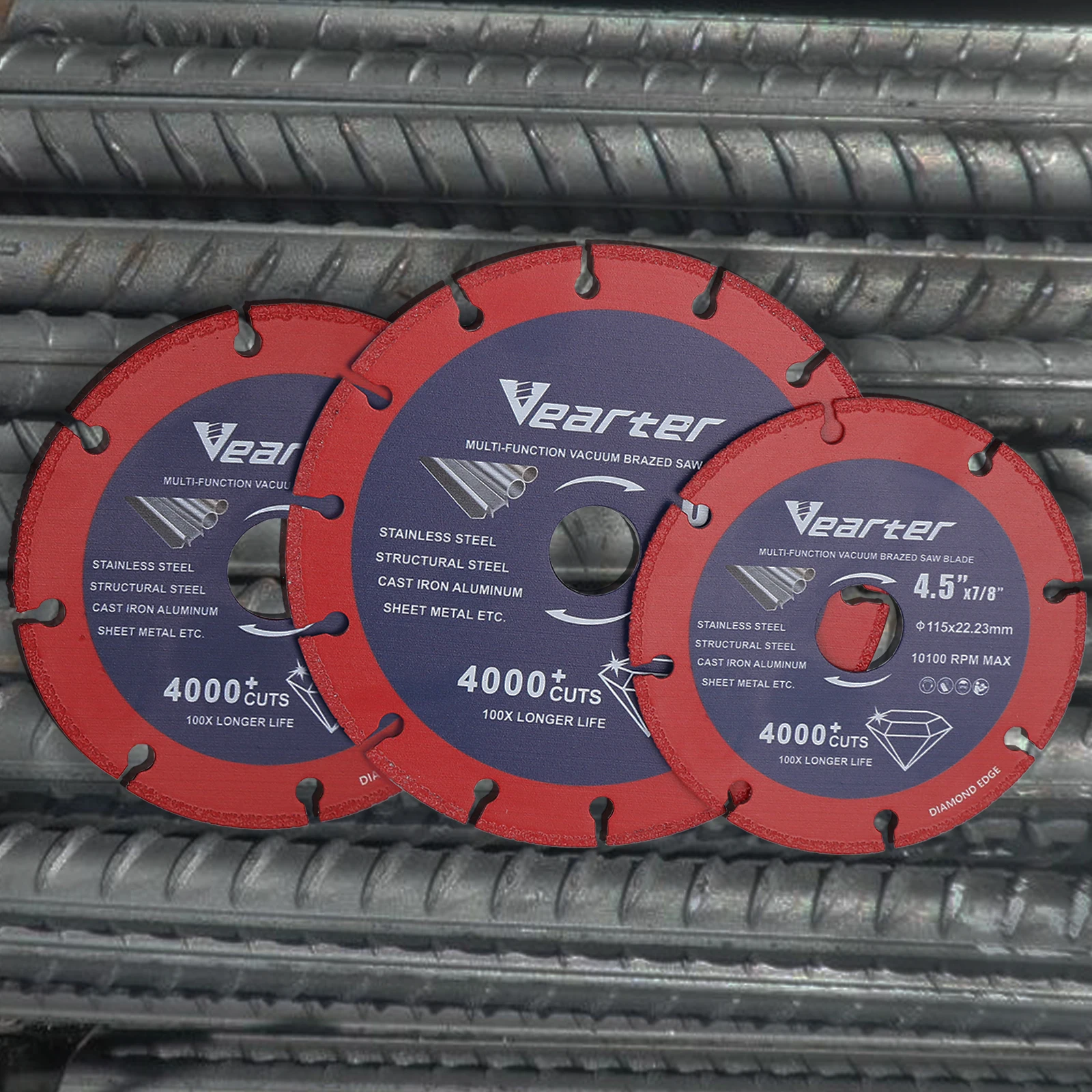 Vearter-Vacuum Brazed Disco de corte de diamante, Rebar de metal, ferro fundido, alumínio, aço inoxidável, 115mm, 125mm, 150mm