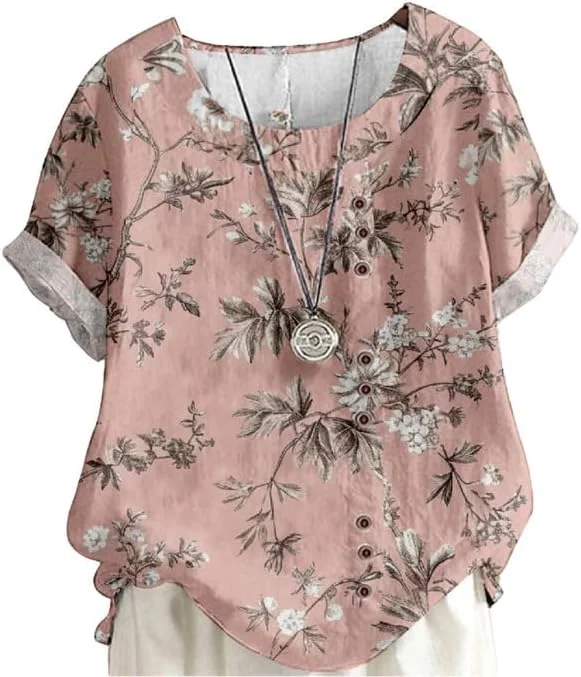 

Senior Women's Blue Flower Print Cotton and Linen Top Casual Loose Summer Short Sleeve Tunic Shirt