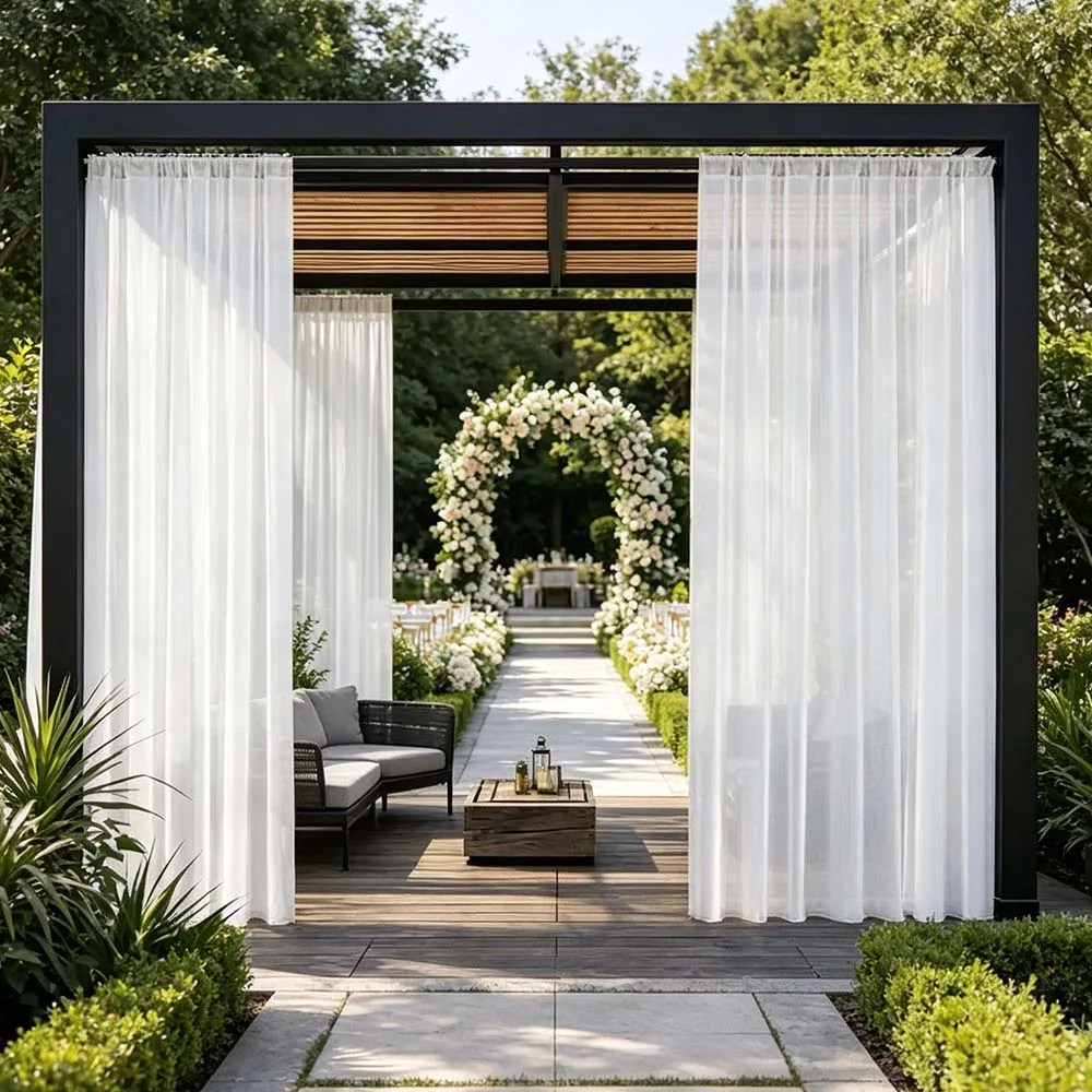 2 Panels Waterproof Outdoor Patio Curtain Garden Sheer Curtain White Tulle Screening Voile Window Privacy Shading Drapes Decor