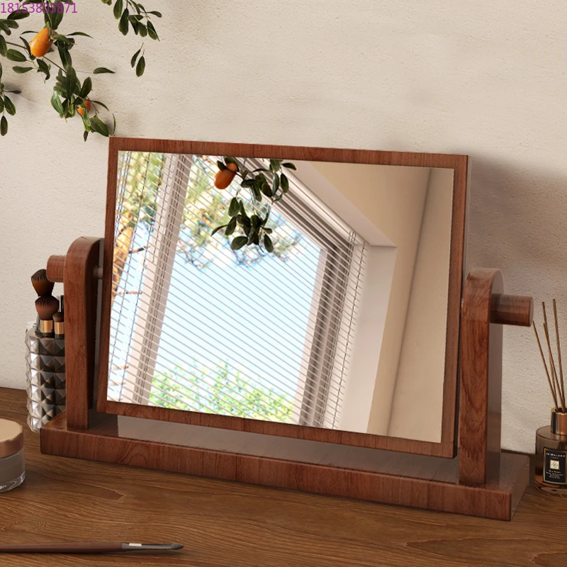Medieval solid wood desktop makeup mirror home desktop high definition wood girls bedroom retro large