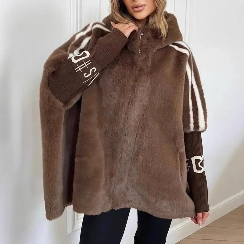 KIDCRKJ Casual Warm Plush Women's Coat Fashionable Zipper Cardigan with Baton Sleeves Loose Hooded Coat Winter Commuting Wear