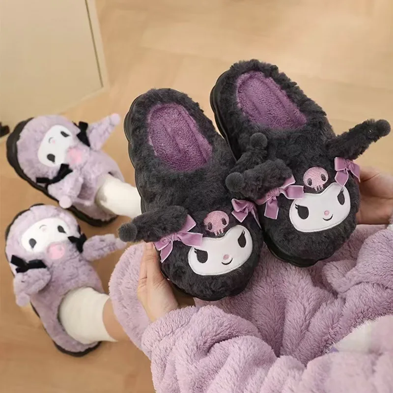 Kawaii Hello Kitty Women's Cotton Slippers Anime Cartoon Sanrio Kuromi Non-Slip Warm Indoor Slippers Girls Thick Sole Home Shoes