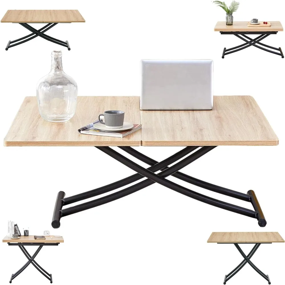 

Height Adjustable Folding Table, Converts Between Coffee & Dining Table, with Strong Metal Legs and Wooden Surface, Multi-Functi