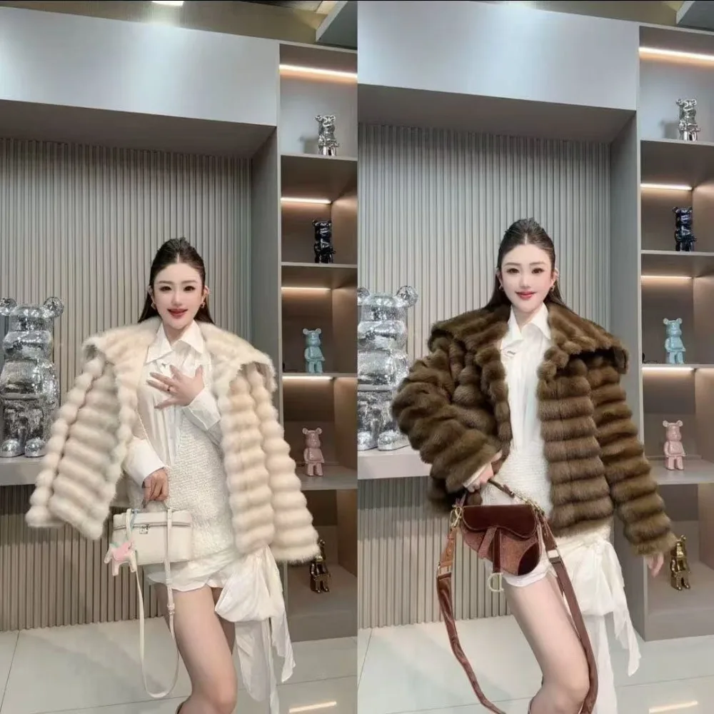 Damski płaszcz zimowy z futra 2025, ekologiczny, modny płaszcz z nowym kołnierzem i kurtką w paski.