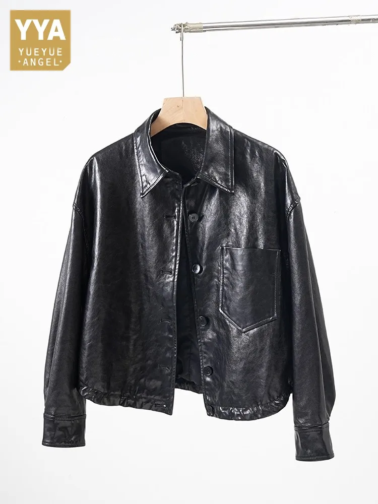 Veste en cuir véritable pour femme, cire d'huile, peau de mouton naturelle, vêtements d'extérieur courts, simple boutonnage, manteau à col rabattu, qualité supérieure