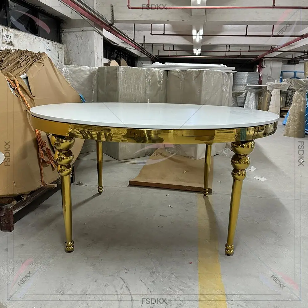 

Foshan furniture glass dining table set restaurant hotel wedding gold metal luxury dining table for sale