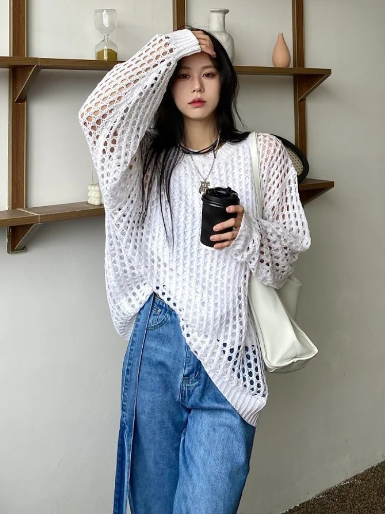 Hollow Out Pullovers Women Casual Ins Simple Autumn New Fashion Vintage Long Sleeve Streetwear Unisex Ulzzang Chic Loose Popular