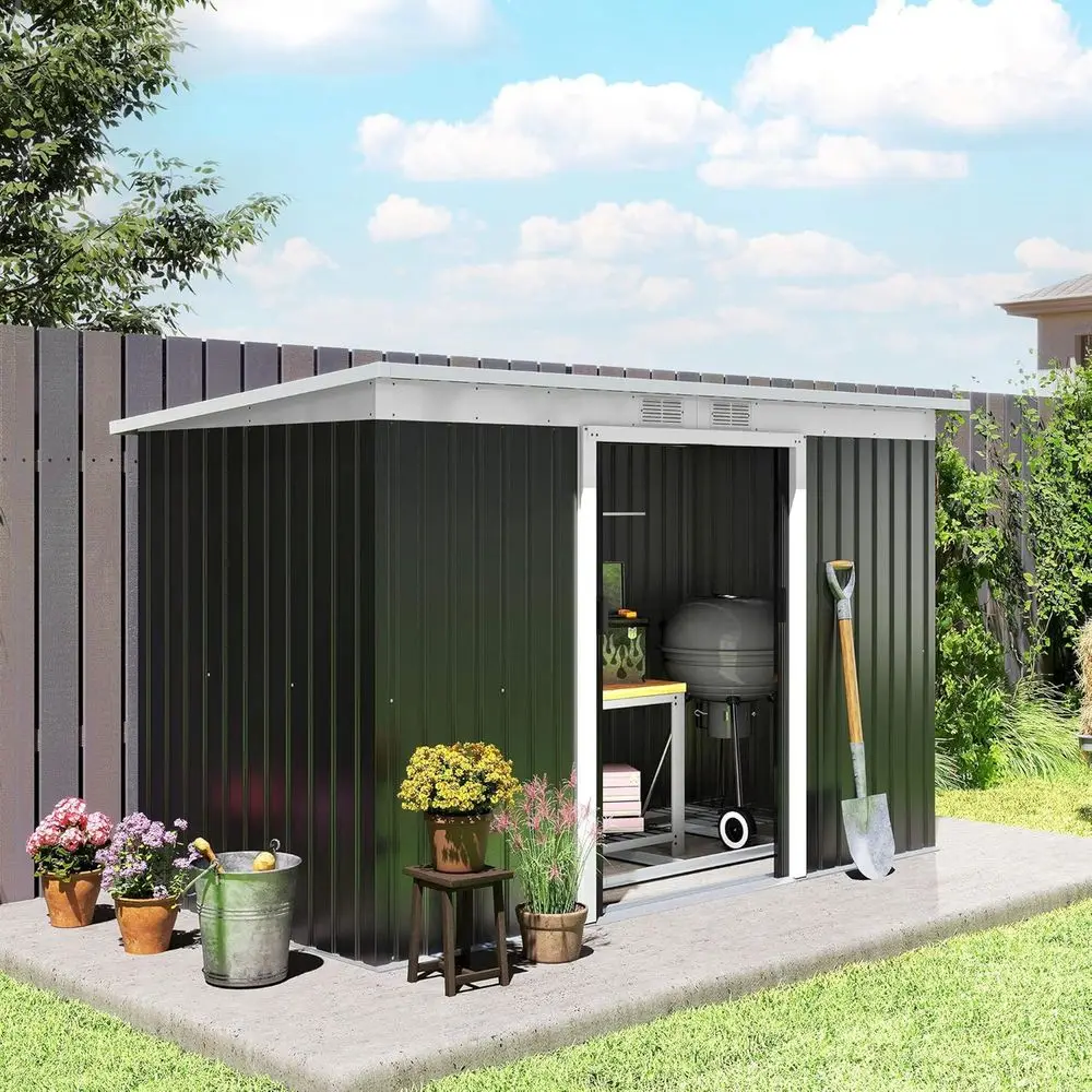 

Gray Outdoor Storage Shed - Metal Garden Tool House with Sloping Roof and Lockable Door for Backyard, Bike, Patio, Garage, Lawn