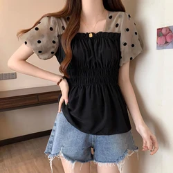 Sweet Folds Spliced Polka Dot Puff Sleeve Chiffon T-Shirts Female Clothing 2024 Summer New Loose Casual Tops Chic Tee Shirts