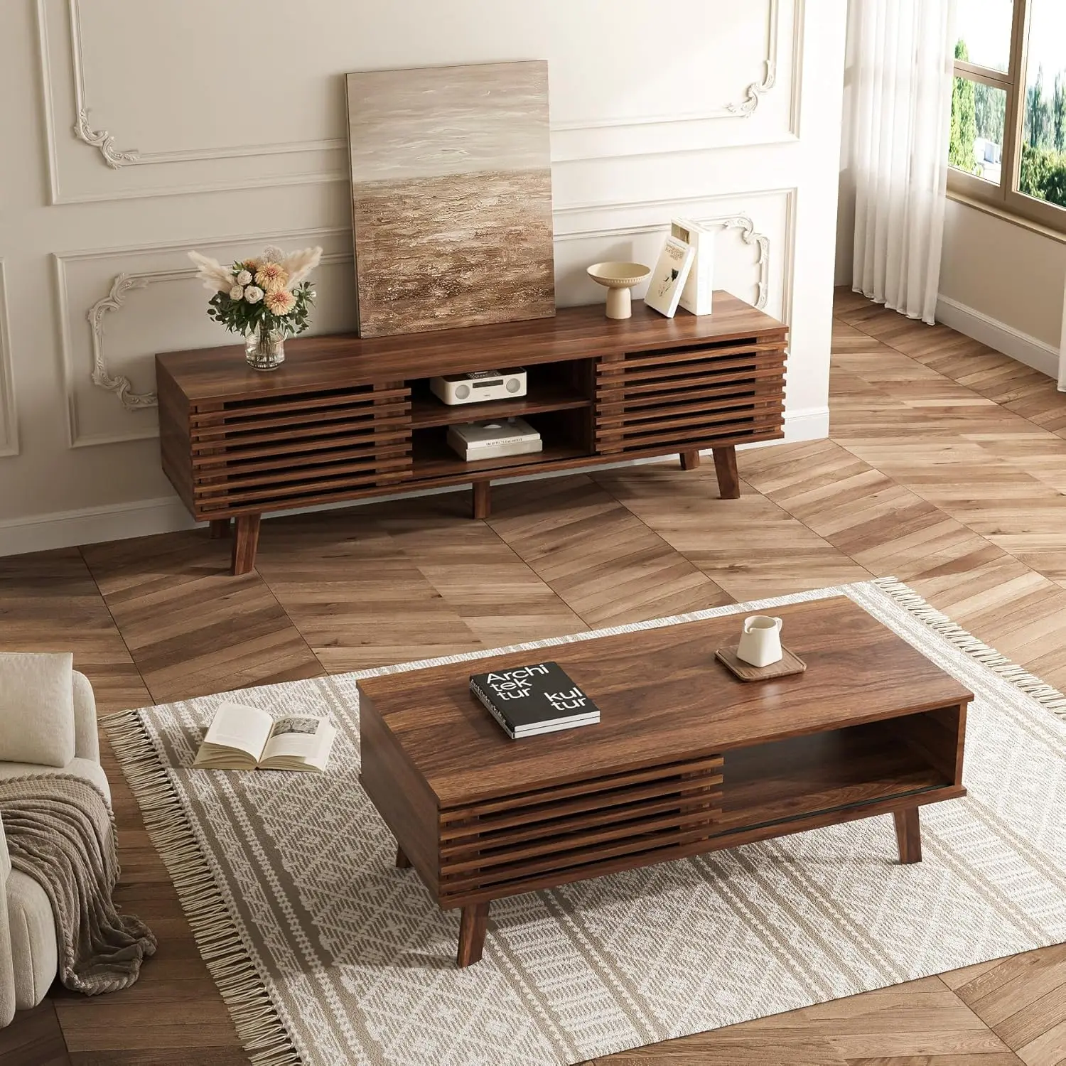 

Mid Century Coffee Table & TV Stand Set with Storage Sliding Door Walnut for Living Room Bedroom, Customized