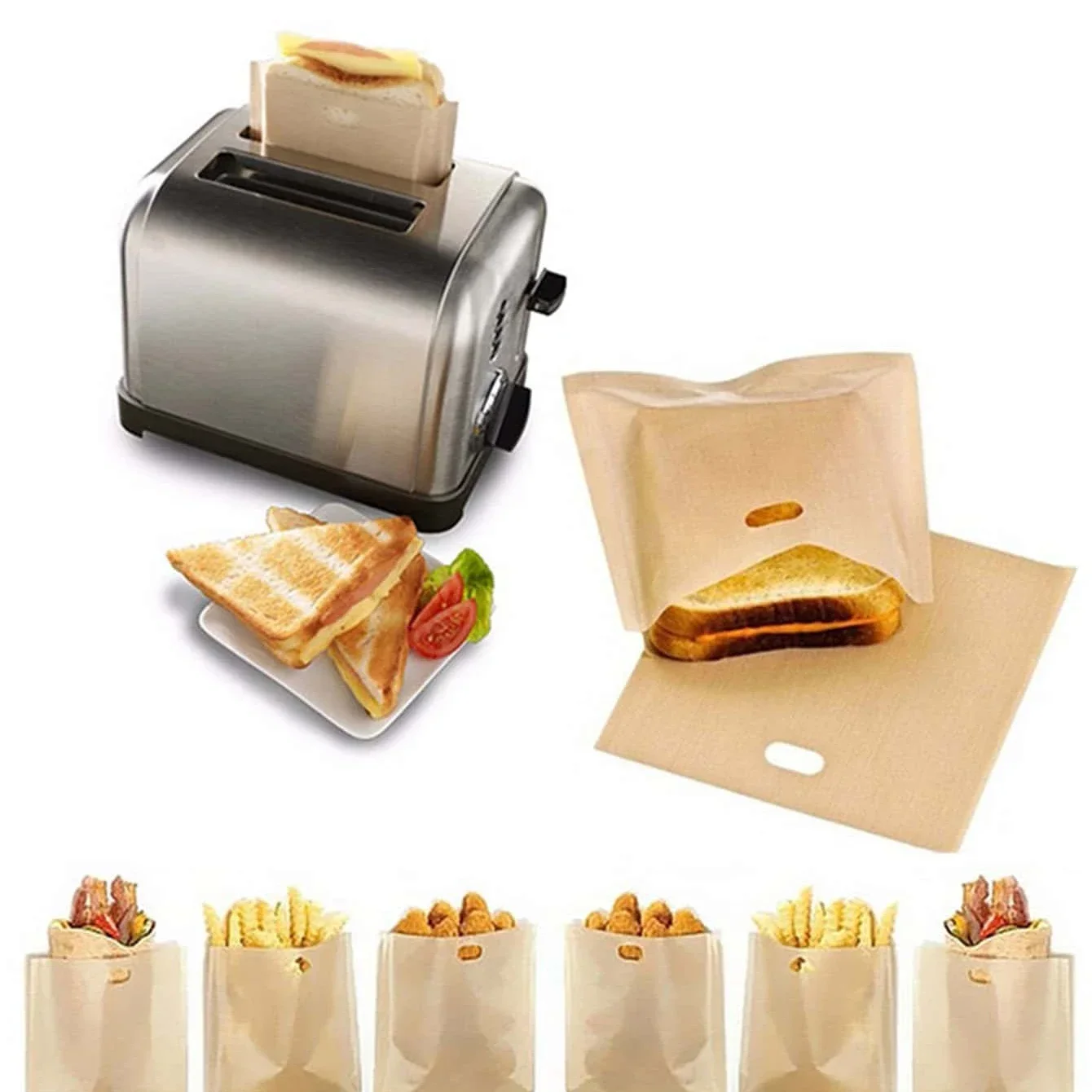 1/3/5pcs-Non Stick Reusable Heat-Resistant Toaster Bags, Sandwich Fries Heating Bags, Cooking Tools Gadgets, Kitchen Accessories