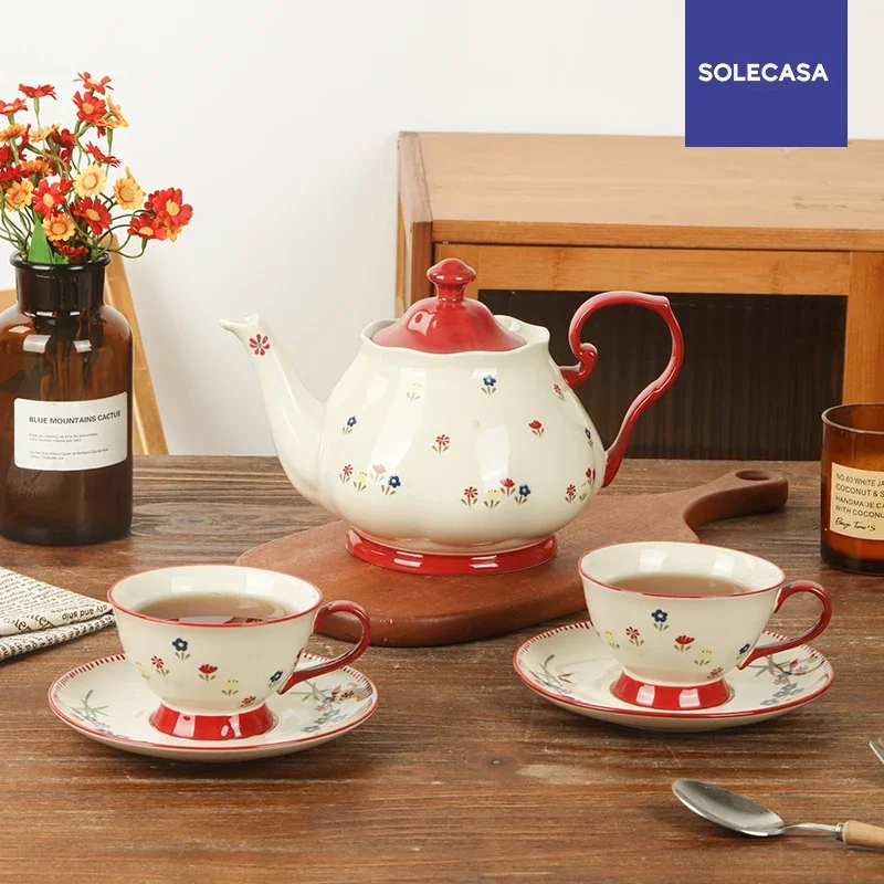 SOLECASA Keramische Theewaar Sets Retro Bloemenpatroon Theepot Kopje Europese Middagkop Porseleinen Koffiekop & Schotel Festival Cadeau