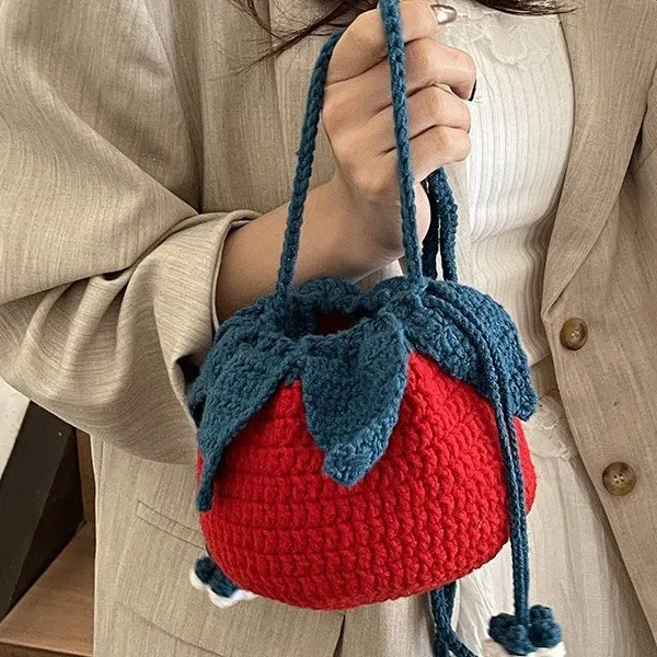 

New Handmade Crochet Strawberry Bag Cute Knit Drawstring Crossbody Bag for Women Daily Use