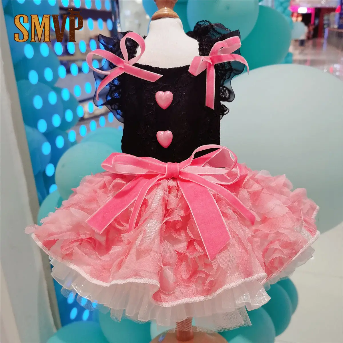 

Dopamine Black Pink Color Scheme Love Themed Button Decoration Ballet Style Fluffy Dress Pet Kitten Puppy Sweet Dress