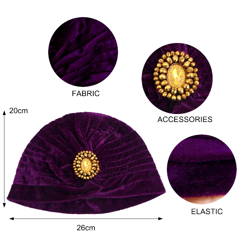 New Women Velvet Beads Flower Turban Bonnet Hijab Muslim Chemo Cap Hair Loss Headwear Headwrap Beanie Skullies Hats Turbante
