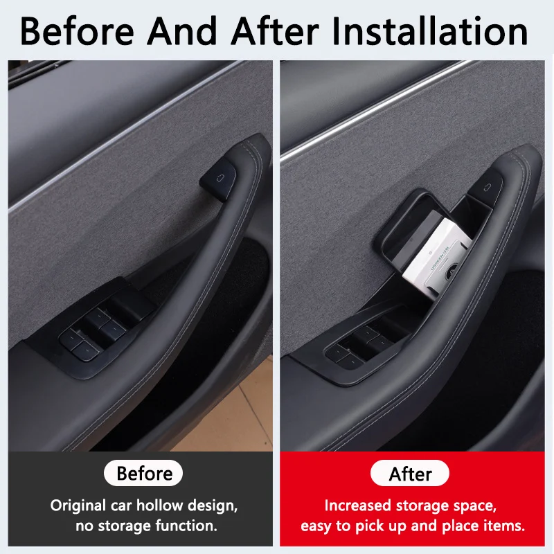 QHCP Car Door Storage Box ABS Door Inner Handle Storage Case All-inclusive Storage Box Fits For Tesla Model 3 2023 Model Y 19-22