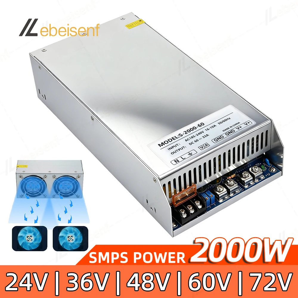 2000 W Hochleistungs-Industrie-Gleichstrom-Schaltnetzteil 12 V 150 A/24 V 83 A/36 V 55 A/48 V 41 A/60 V 33 A 72 V einstellbare Spannung AC185–240 V