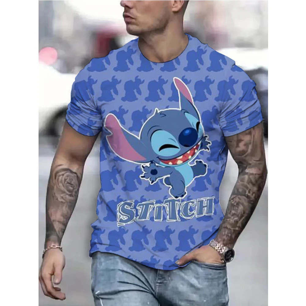 Stitch Men\'s T-shirt Disney Short Sleeve 3D Cartoon Print T-shirt Casual Fashion Men\'s T-shirt Summer Oversized Men\'s Clothing