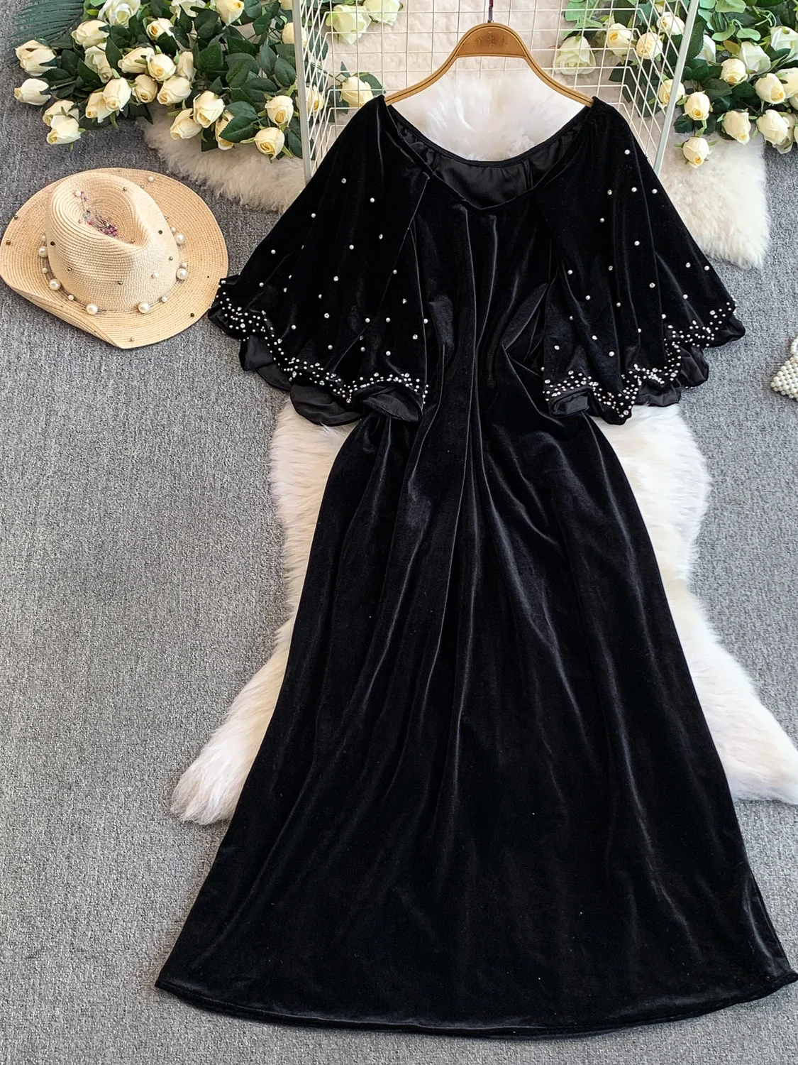 Ele Velvet Long Dr مع awl V-Ne فضفاض مناسب للزينة الثقيلة خرز الماس للخريف والشتاء للنساء Faion Dr #2