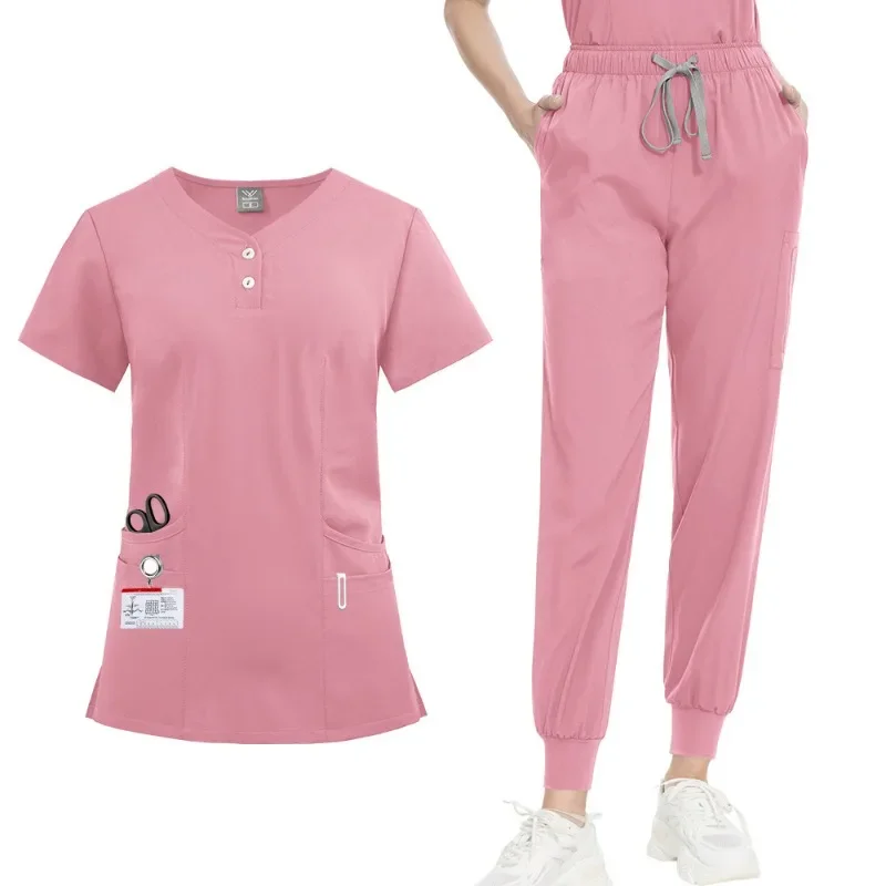 Slim Fit Medical Uniforms for Women Ropa Enfermero Hombre Multi-pocket Doctor Nurse Top and Pants Men Jogger Scrub Set 42162