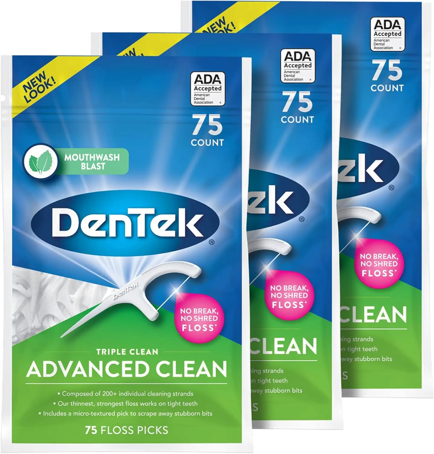 

Triple Clean Floss Picks, 75 Count (3 Pack) - No Break & No Shred