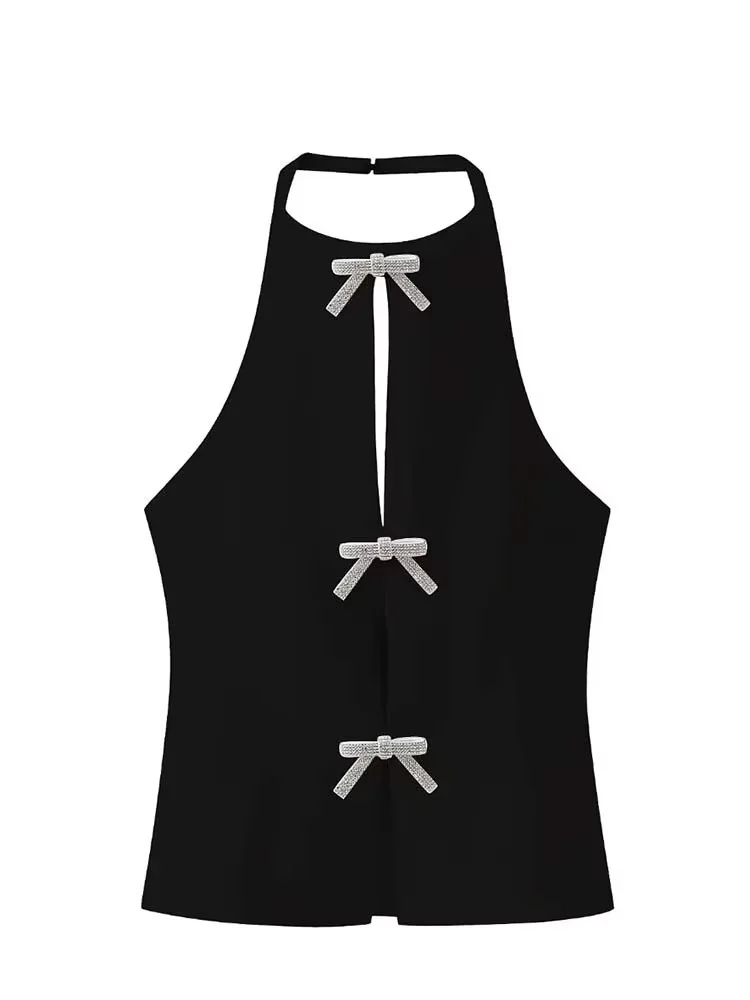 Zomertop Vrouwelijke sieraden Strikdecoratie Hangende halskraag Mouwloze top 2025, mooie slingtop voor dames